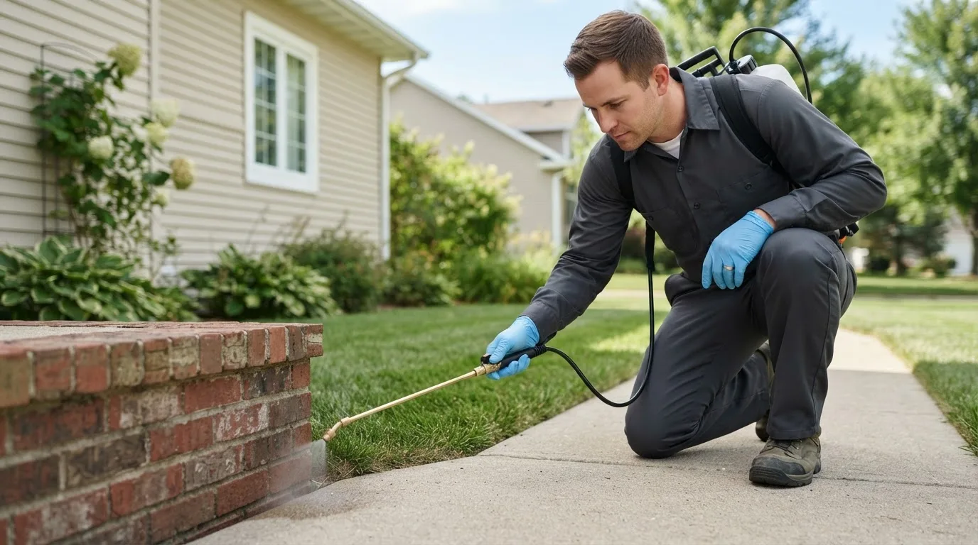 Pest control technician treating a home near Moosic, PA